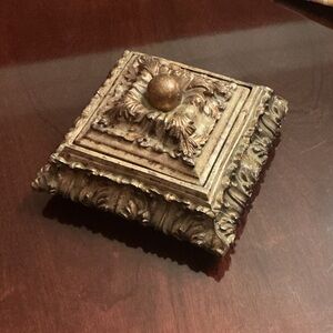 Ornate wooden decor box, distressed gold finish